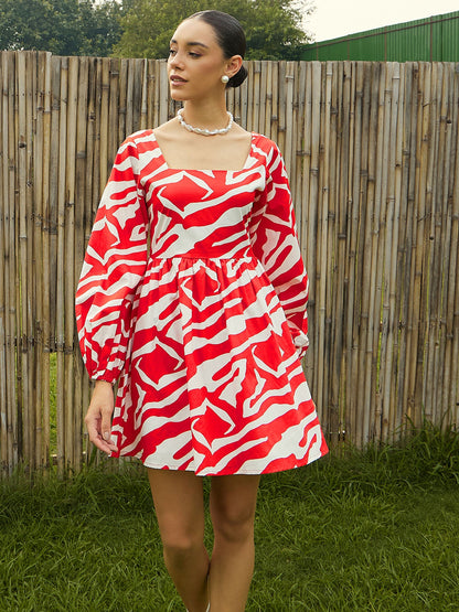 Women Red & White Printed Back Tie Knot Dress
