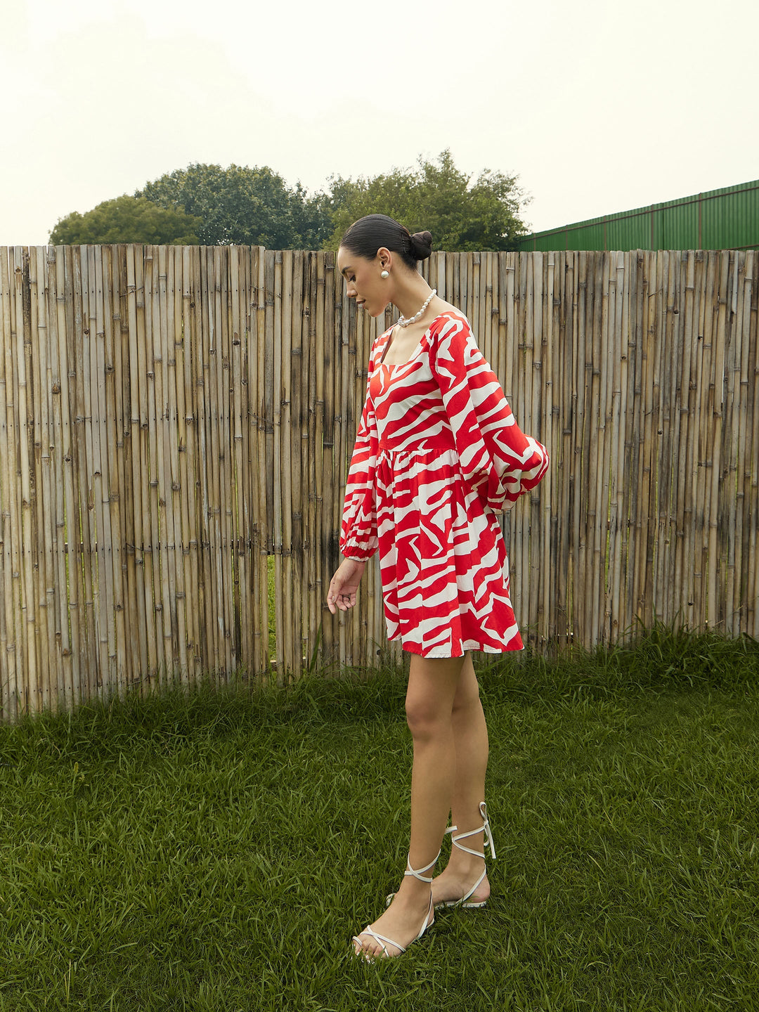 Women Red &amp; White Printed Back Tie Knot Dress