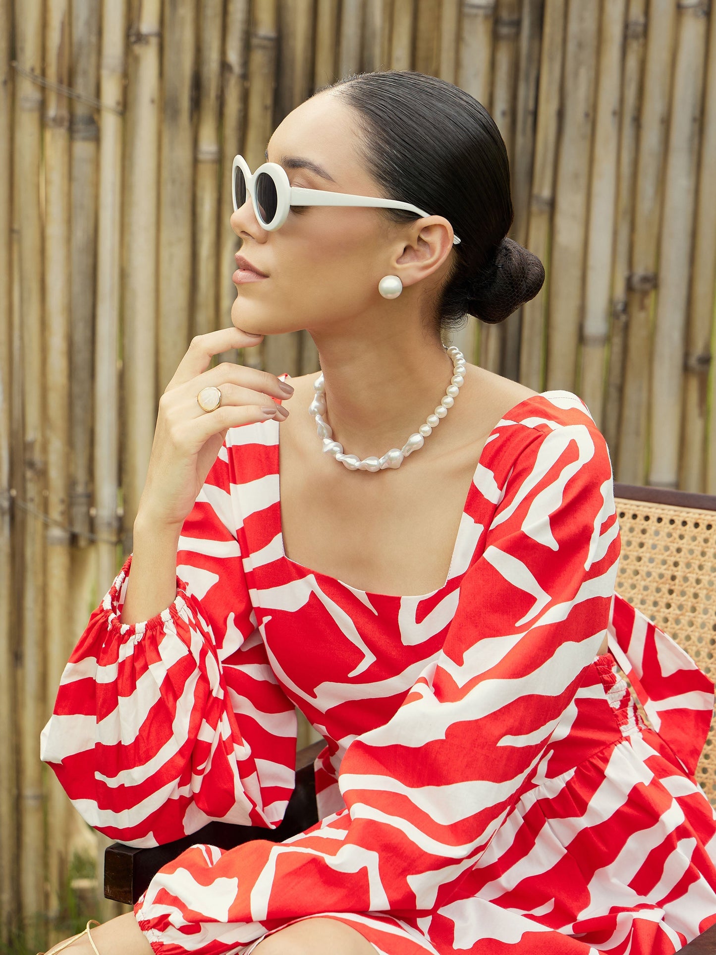 Women Red & White Printed Back Tie Knot Dress