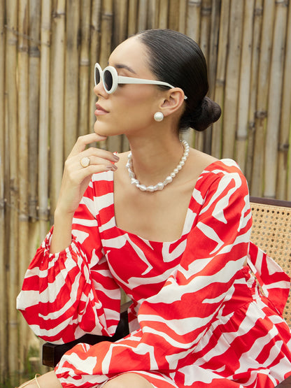Women Red & White Printed Back Tie Knot Dress