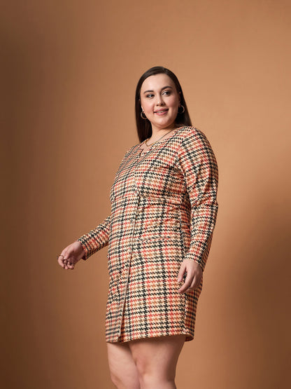 Peach Multi Houndstooth Blazer Dress-SASSAFRAS Curve