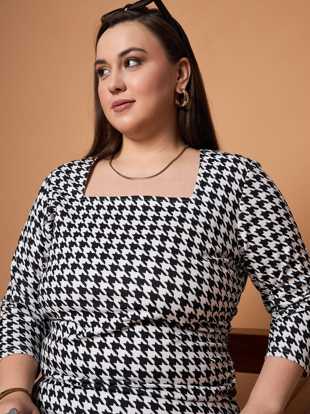 Black &amp; White Houndstooth Ruched Dress-SASSAFRAS Curve