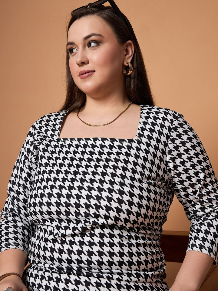 Black &amp; White Houndstooth Ruched Dress-SASSAFRAS Curve