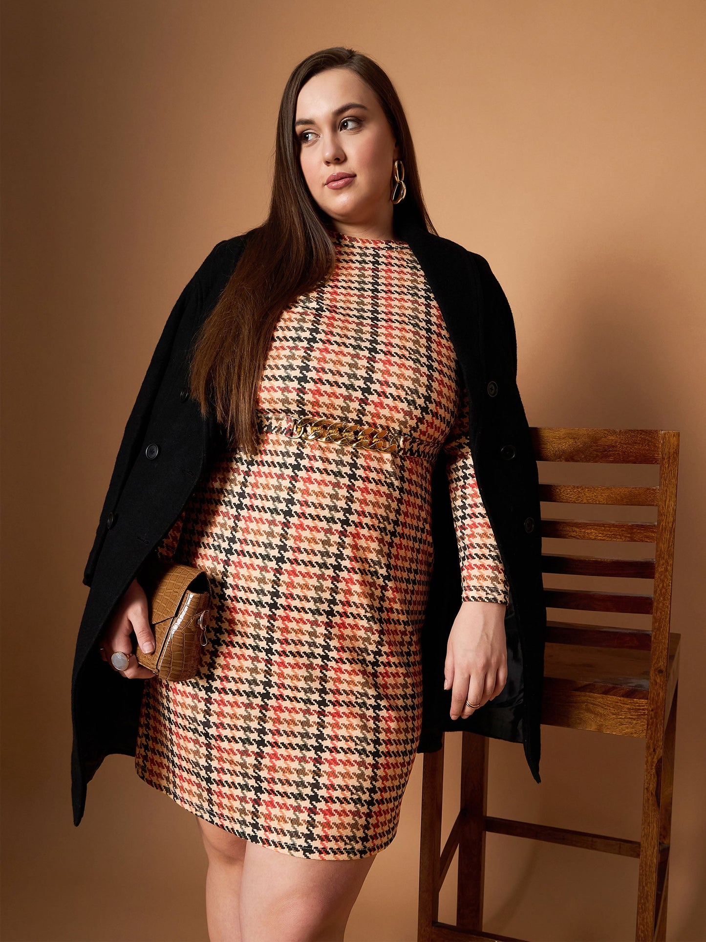 Peach Multi Houndstooth Belted Dress