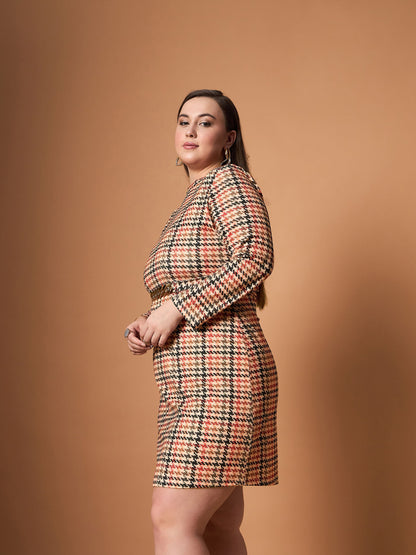 Peach Multi Houndstooth Belted Dress