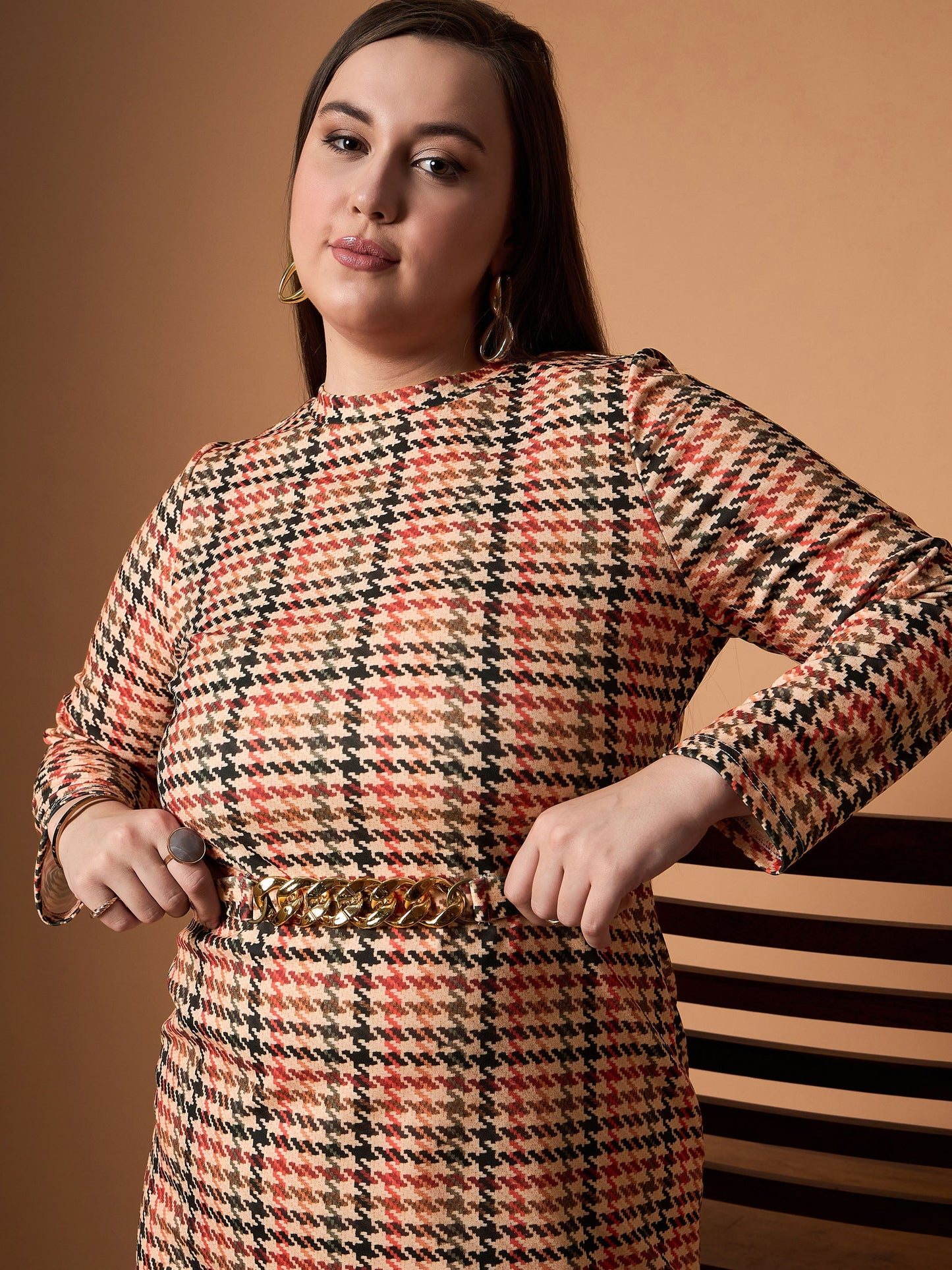 Peach Multi Houndstooth Belted Dress