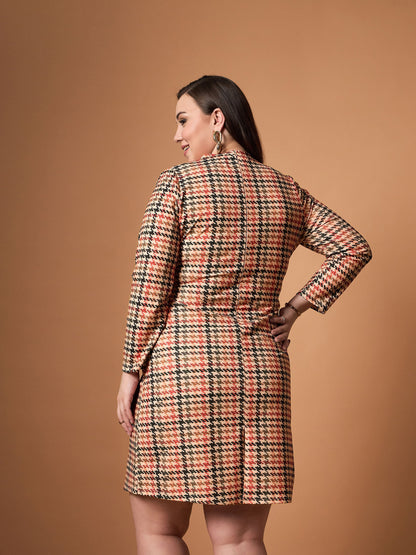 Peach Multi Houndstooth Belted Dress