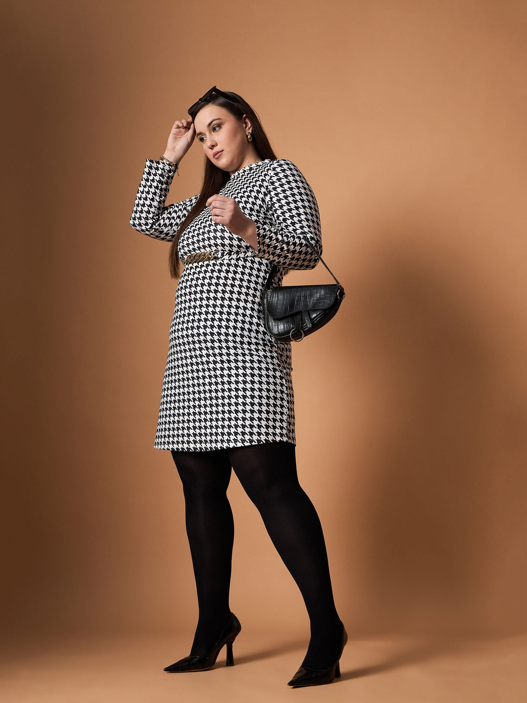 Black &amp; White Houndstooth Belted Dress-SASSAFRAS Curve