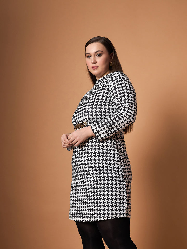 Black &amp; White Houndstooth Belted Dress-SASSAFRAS Curve