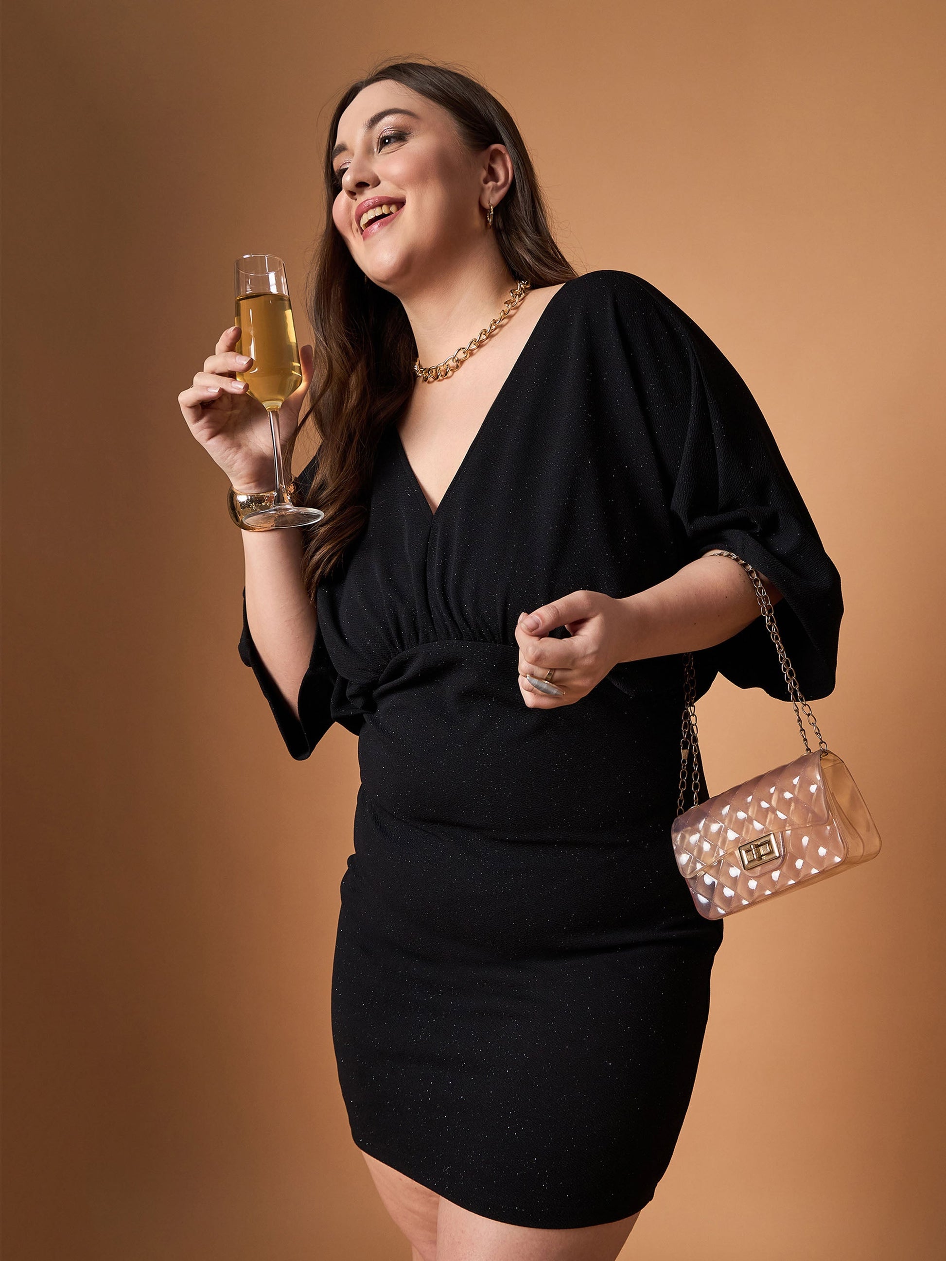 Plus size women's Black Karera Crepe Black Glitter Bodycon Kimono Sleeves Dress by Sassafras Curve for wholesale buyers, boutiques, resellers and
