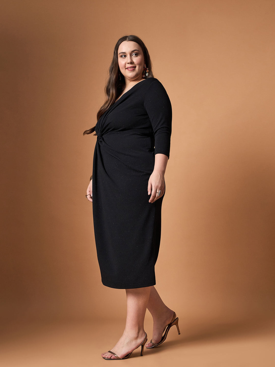 Black Glitter Side Knot Midi Dress-SASSAFRAS Curve