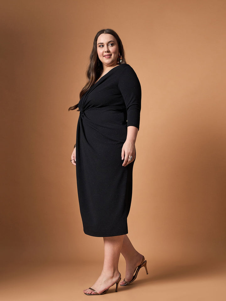 Black Glitter Side Knot Midi Dress-SASSAFRAS Curve