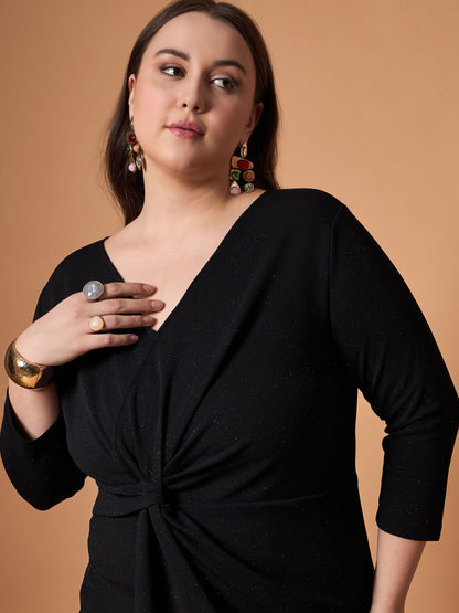 Black Glitter Side Knot Midi Dress-SASSAFRAS Curve