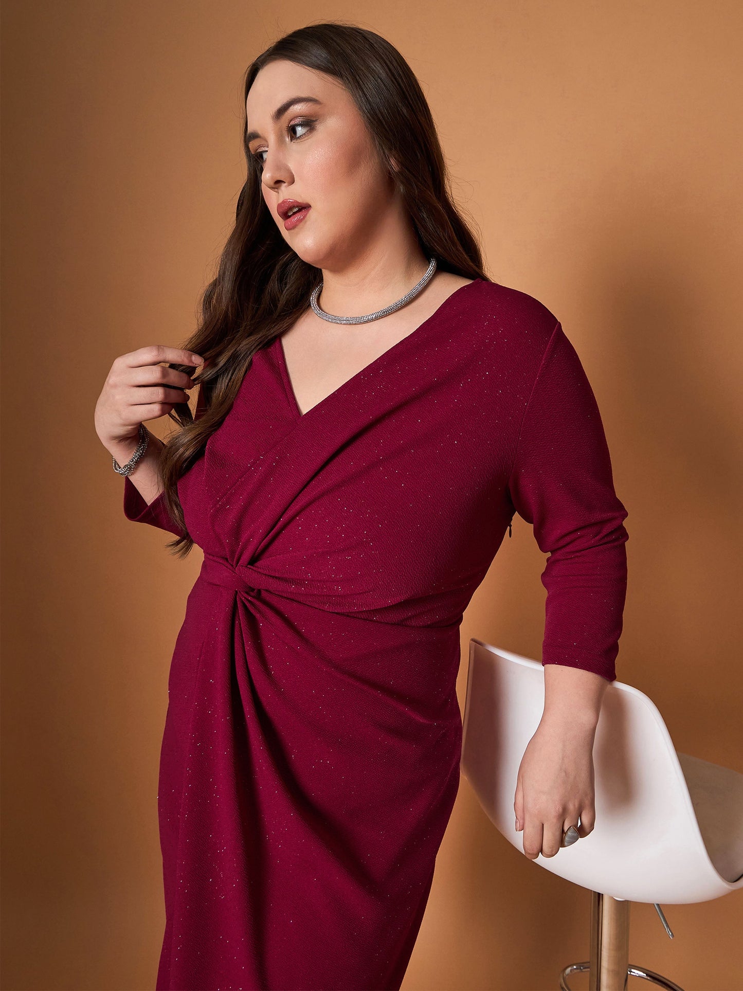 Plus size women's Maroon Karera Crepe Maroon Glitter Side Knot Midi Dress by Sassafras Curve for wholesale buyers, boutiques, resellers and bulk