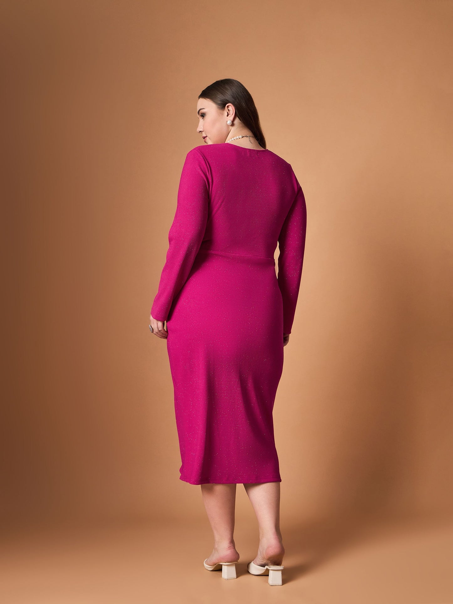 Fuchsia Glitter Front Slit Dress-SASSAFRAS Curve