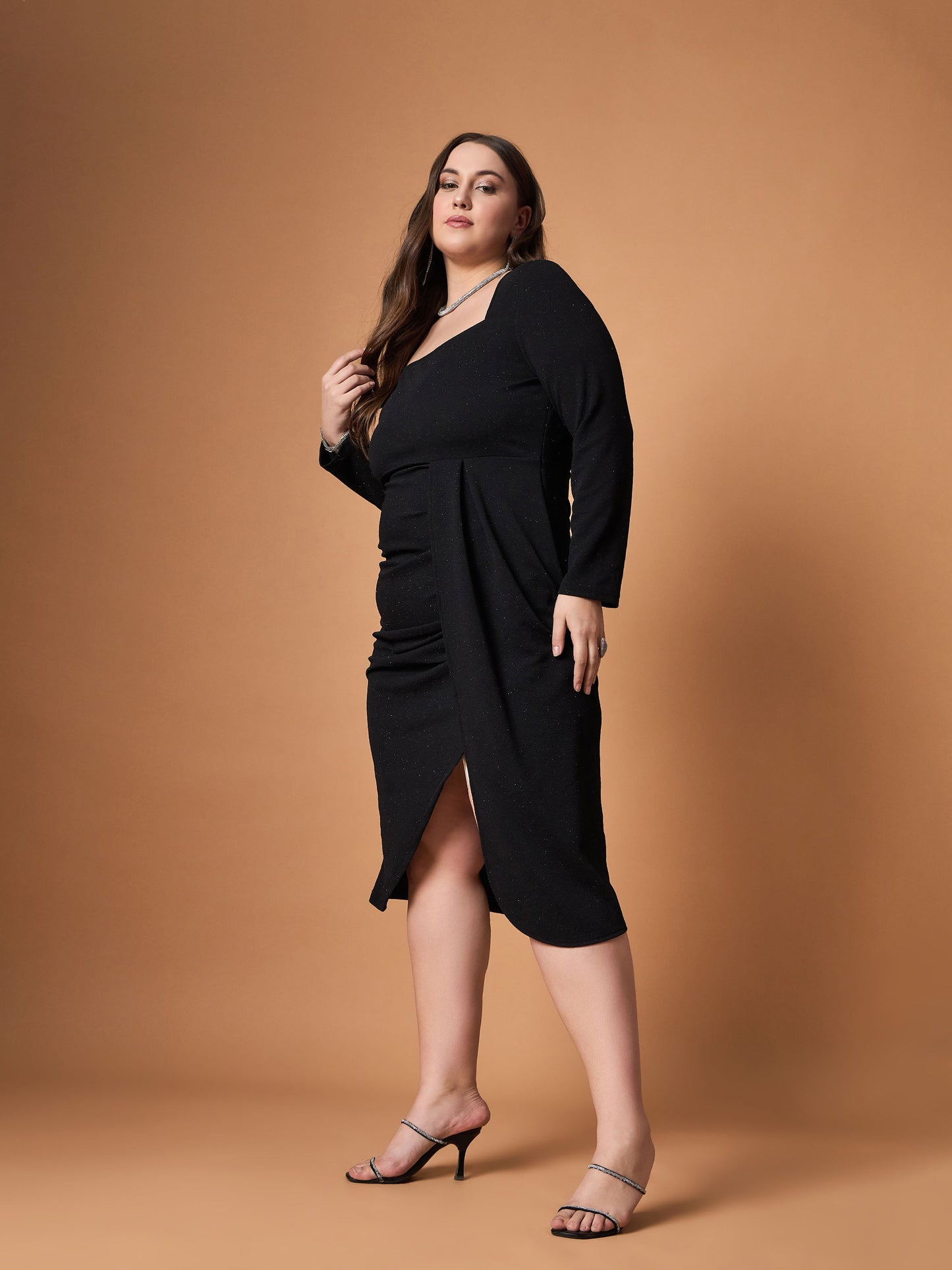Black Glitter Front Slit Dress -SASSAFRAS Curve