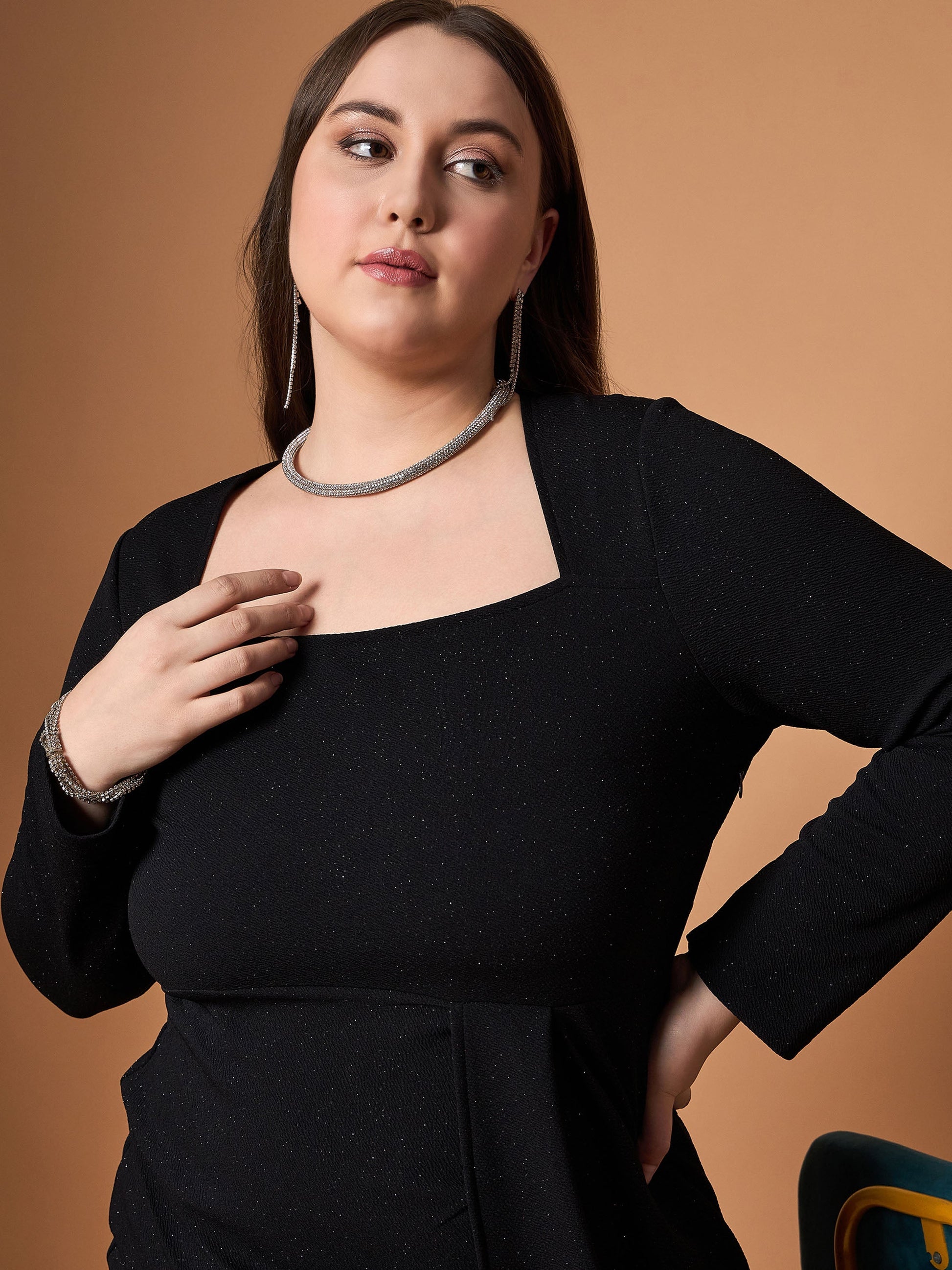 Black Glitter Front Slit Dress -SASSAFRAS Curve