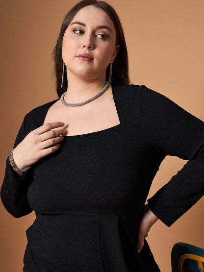 Black Glitter Front Slit Dress -SASSAFRAS Curve