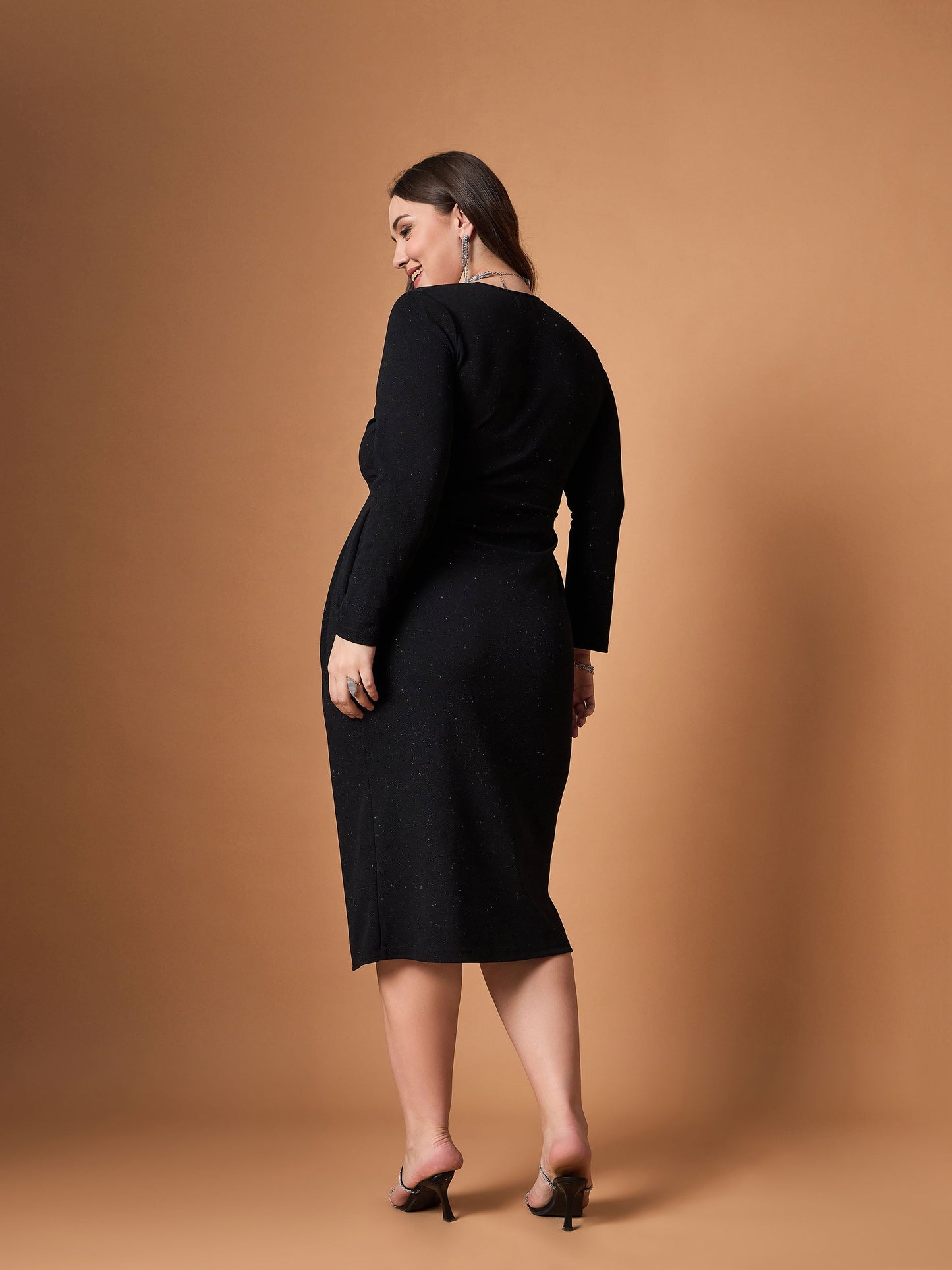 Black Glitter Front Slit Dress -SASSAFRAS Curve