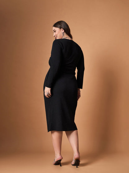 Black Glitter Front Slit Dress -SASSAFRAS Curve