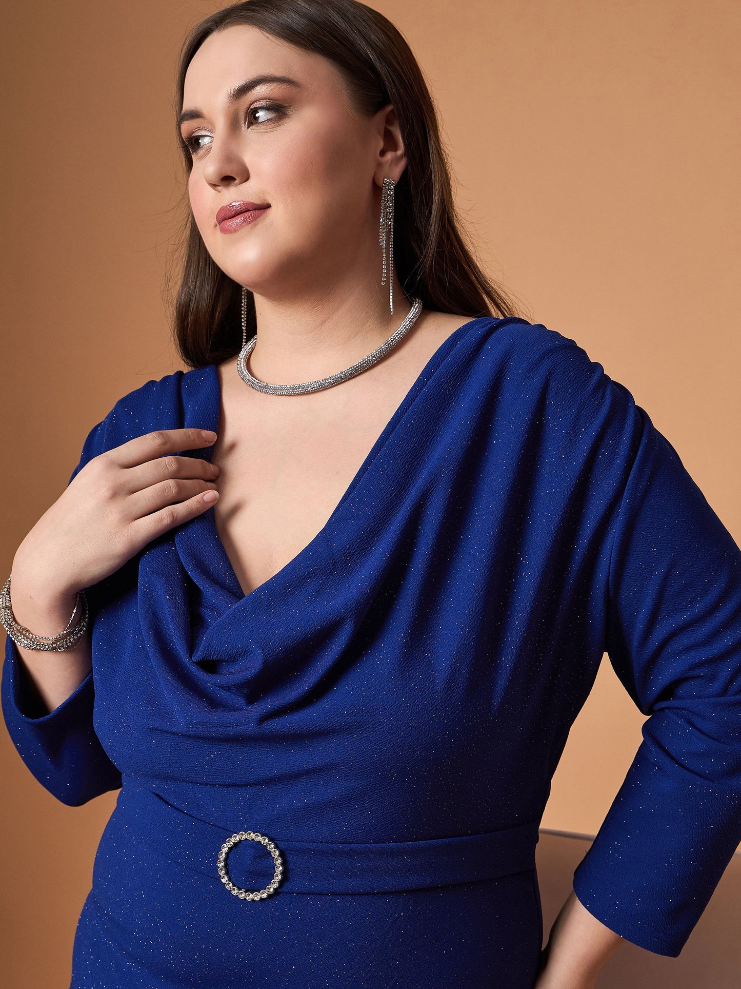 Royal Blue Glitter Shawl Neck Dress