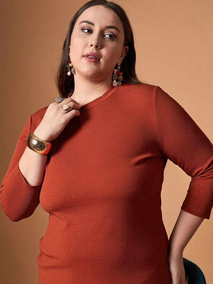 Rust Glitter Bodycon High Neck Dress-SASSAFRAS Curve
