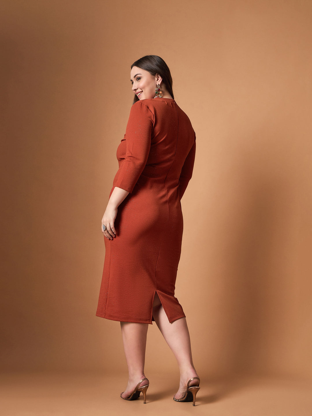 Rust Glitter Bodycon High Neck Dress-SASSAFRAS Curve