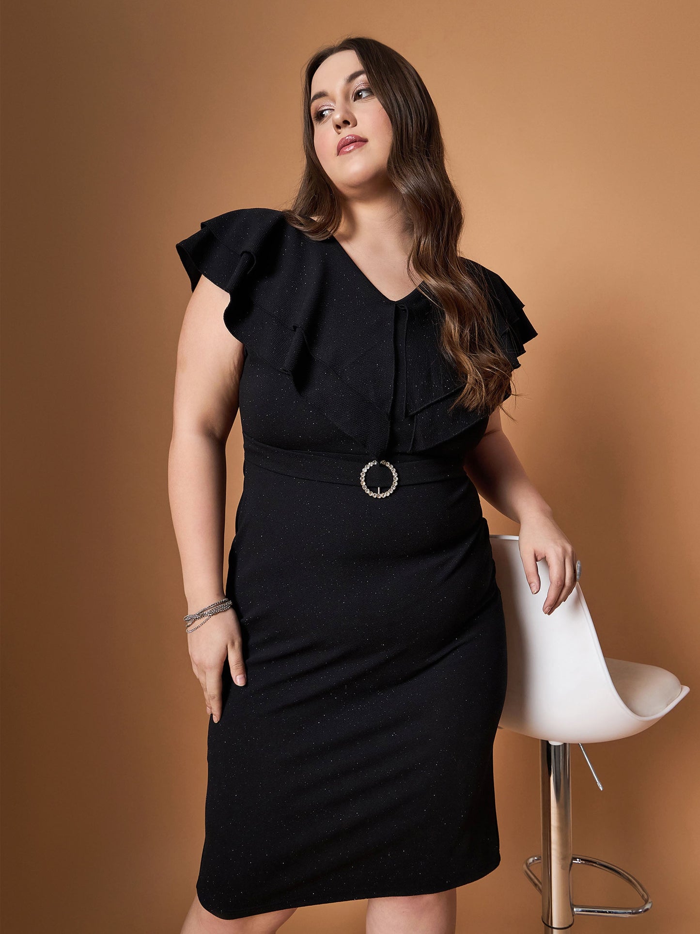 Plus size women's Black Karera Crepe Black Glitter Front Ruffle Detail Midi Dress by Sassafras Curve for wholesale buyers, boutiques, resellers and