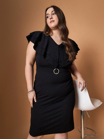 Plus size women's Black Karera Crepe Black Glitter Front Ruffle Detail Midi Dress by Sassafras Curve for wholesale buyers, boutiques, resellers and