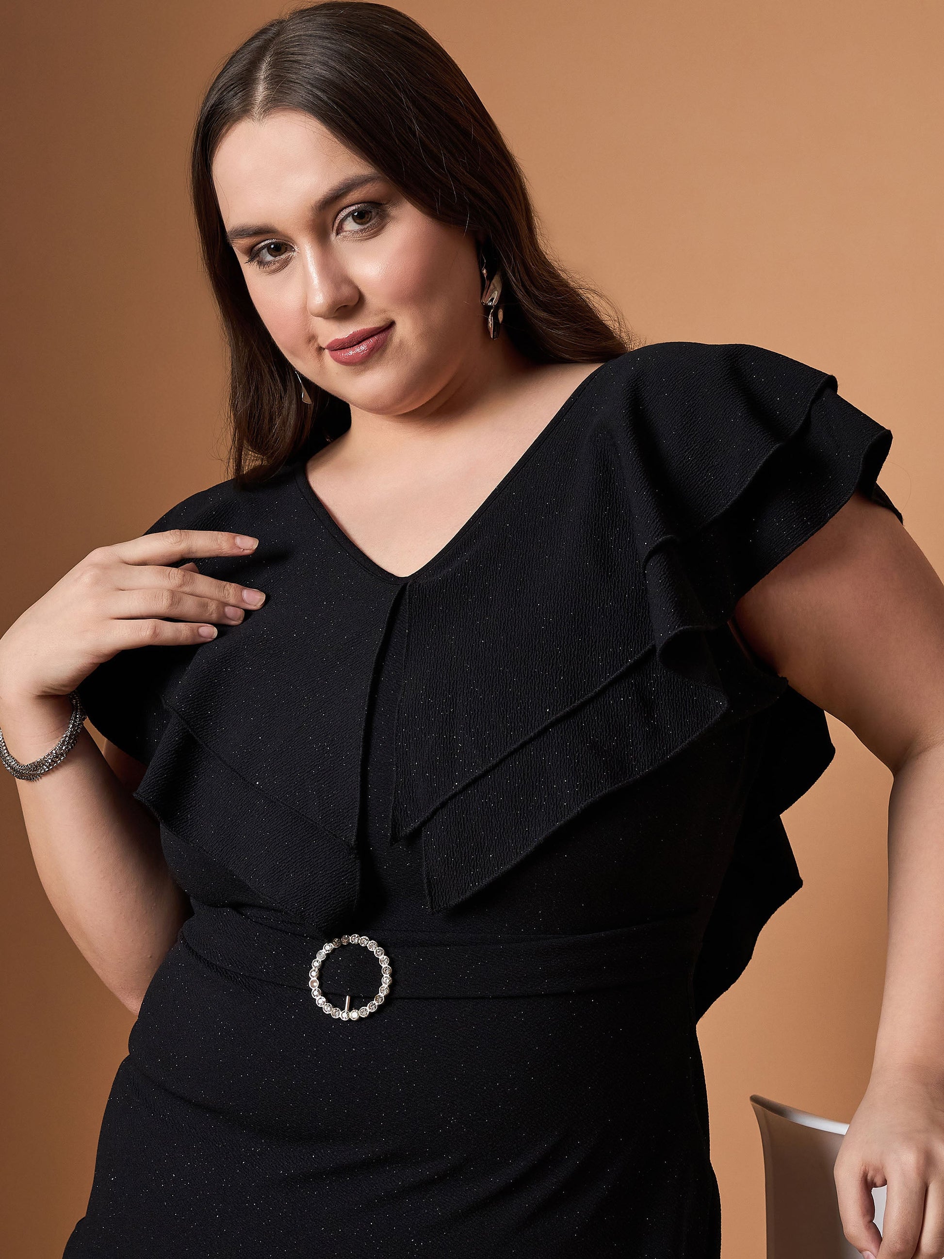 Black Glitter Front Ruffle Detail Midi Dress-SASSAFRAS Curve