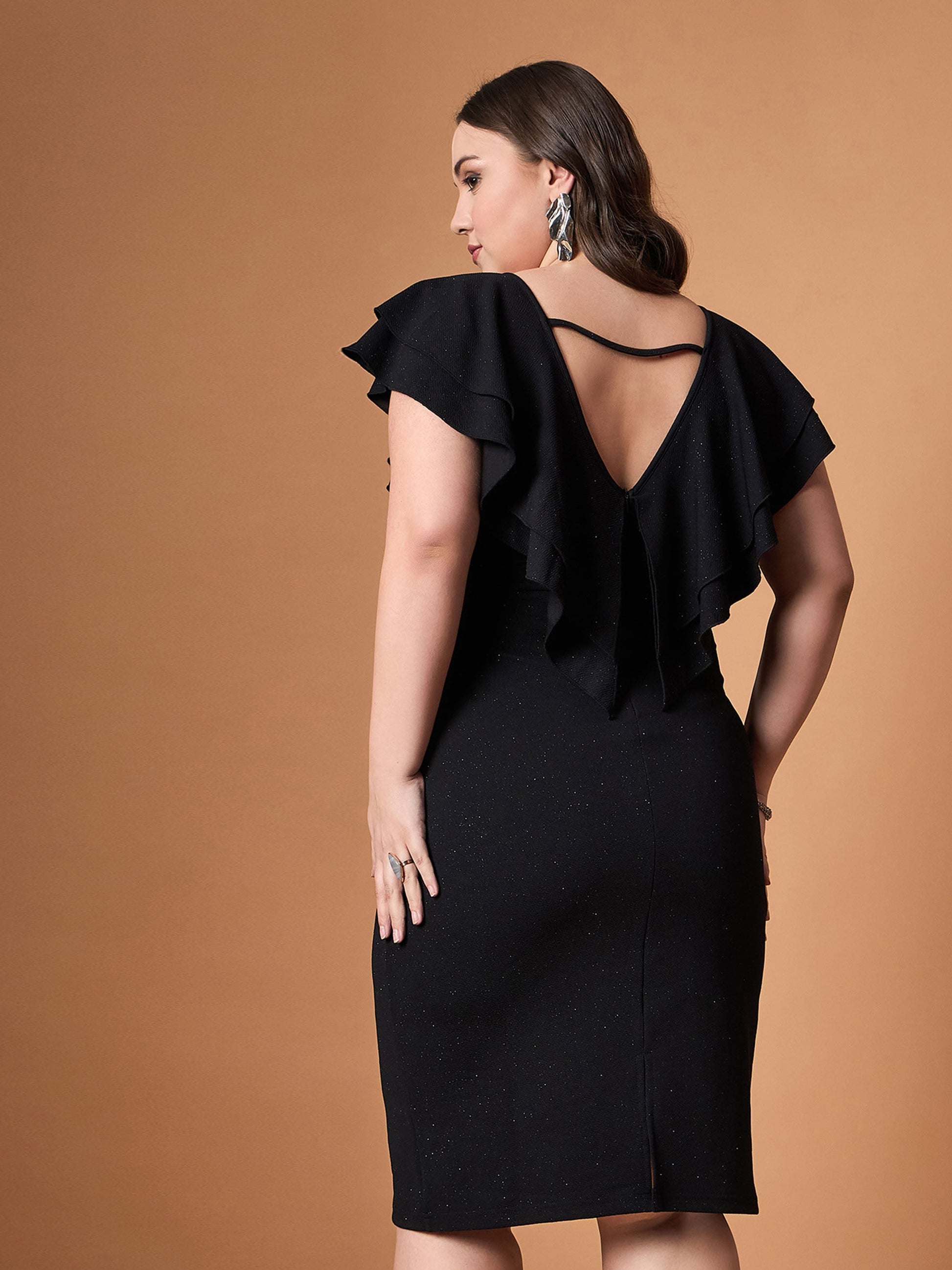 Black Glitter Front Ruffle Detail Midi Dress-SASSAFRAS Curve