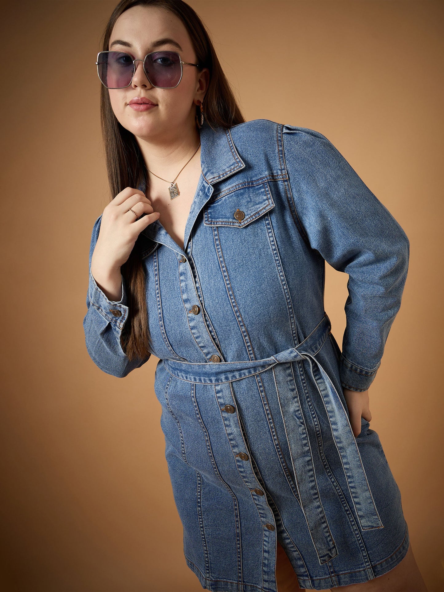 Plus size women's Blue Denim Blue Blast Denim Front Button Shirt Dress by Sassafras Curve for wholesale buyers, boutiques, resellers and bulk orders