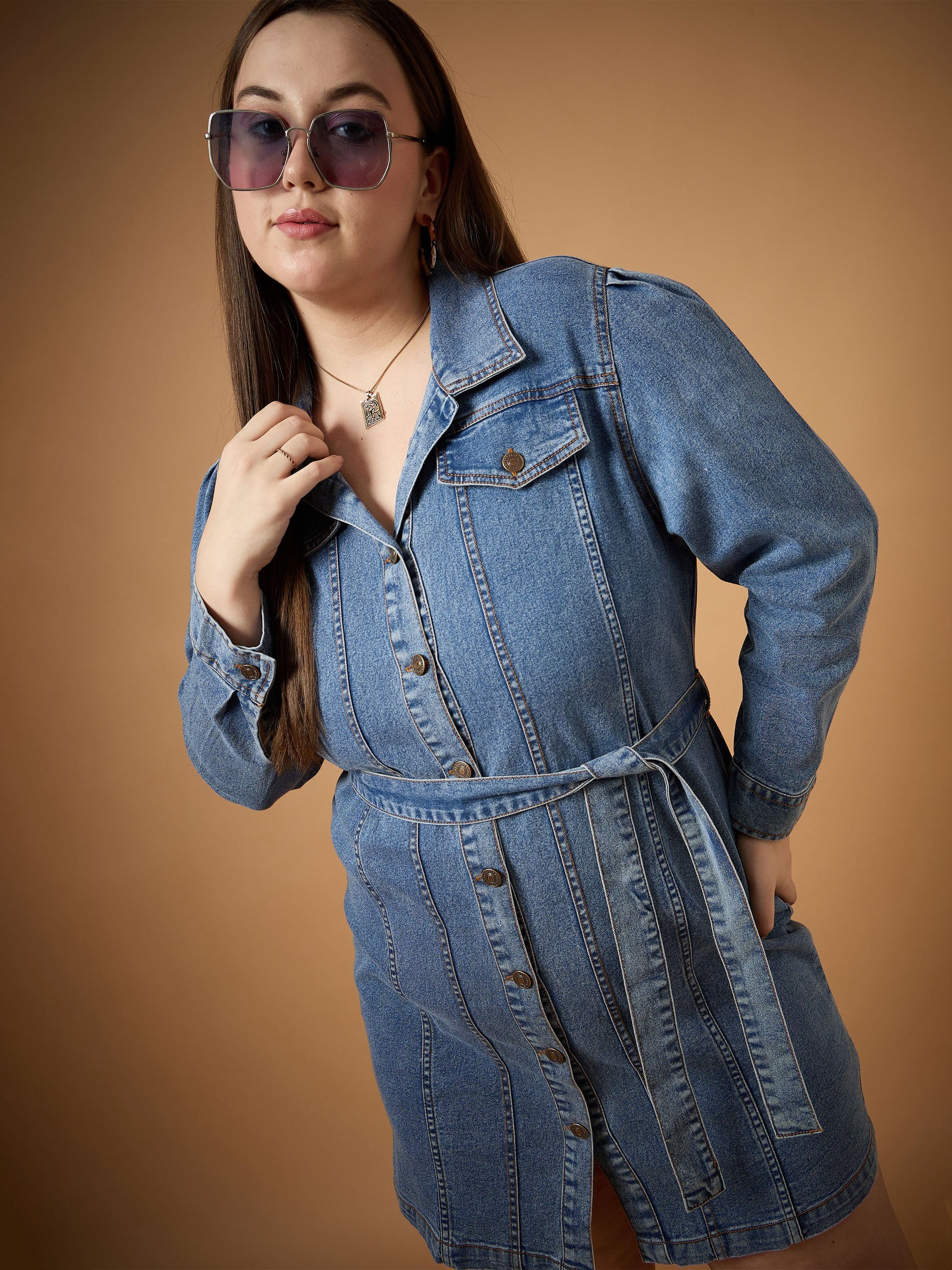 Plus size women's Blue Denim Blue Blast Denim Front Button Shirt Dress by Sassafras Curve for wholesale buyers, boutiques, resellers and bulk orders