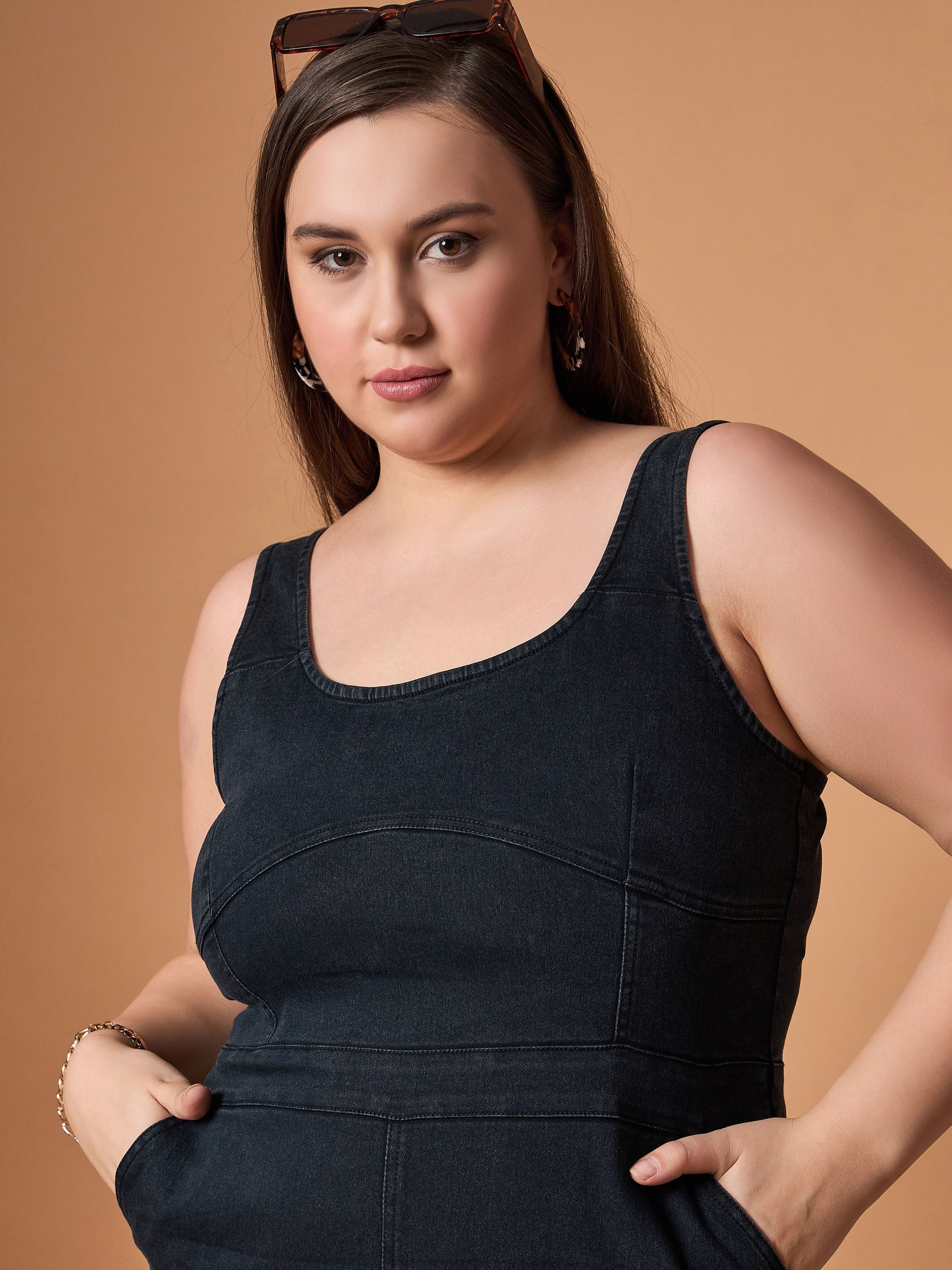 Black Blast Denim Front Slit Midi Dress-SASSAFRAS Curve