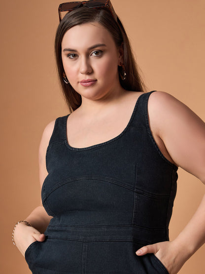 Black Blast Denim Front Slit Midi Dress-SASSAFRAS Curve