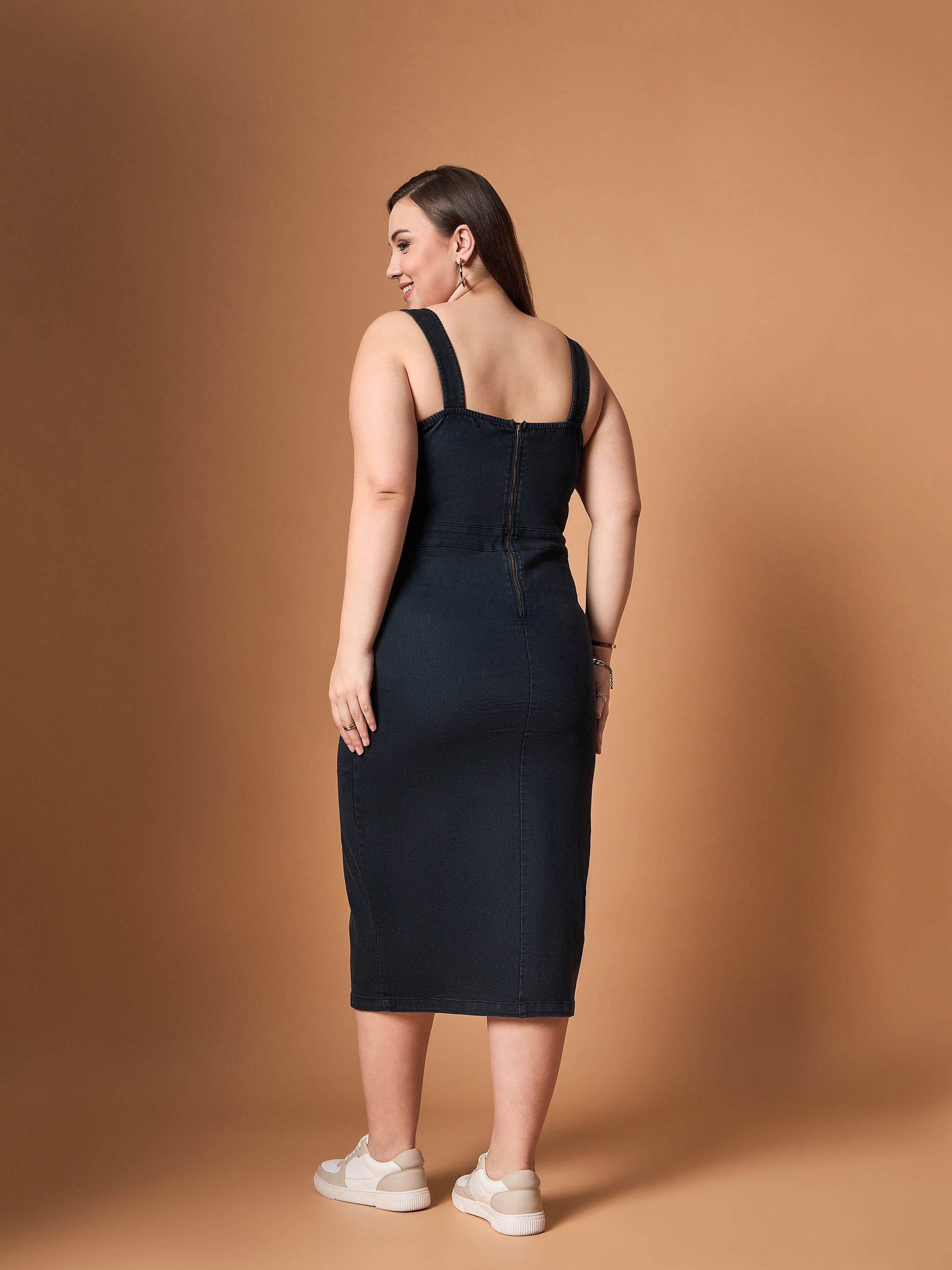 Black Blast Denim Front Slit Midi Dress-SASSAFRAS Curve
