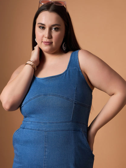 Blue Blast Denim Front Slit Midi Dress-SASSAFRAS Curve