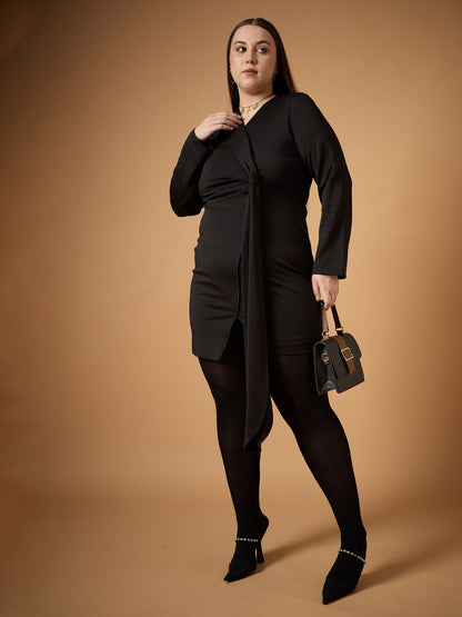 Plus size women's Black Polyester Black Front Knot Detail Short Dress by Sassafras Curve for wholesale buyers, boutiques, resellers and bulk orders