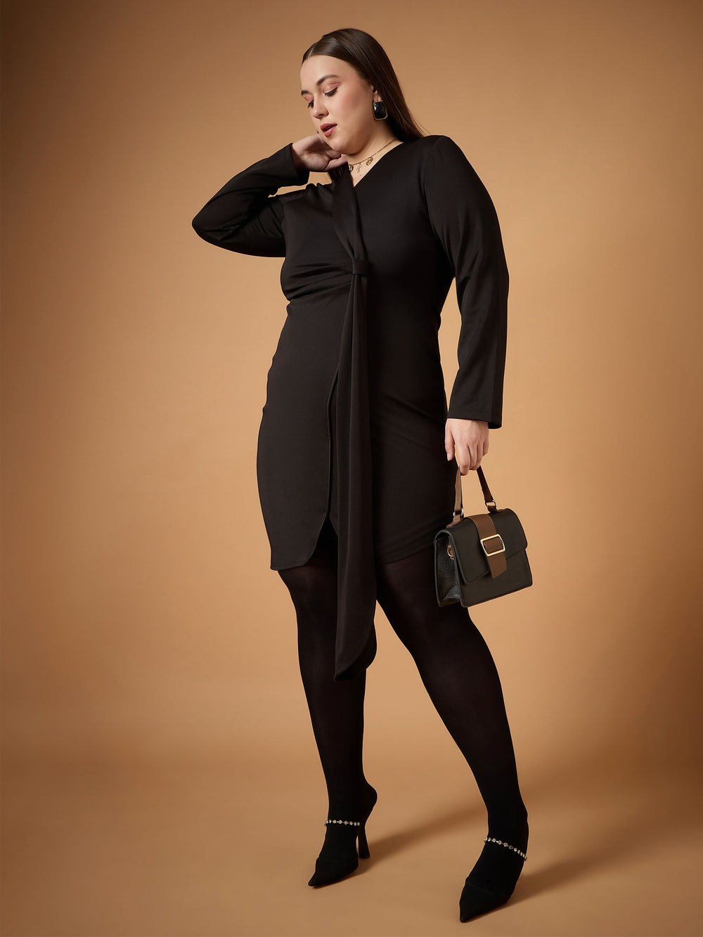 Black Front Knot Detail Short Dress-SASSAFRAS Curve