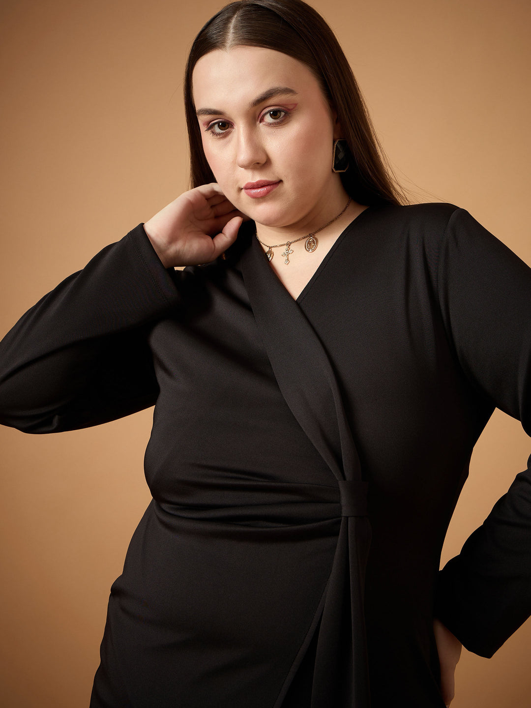 Black Front Knot Detail Short Dress-SASSAFRAS Curve