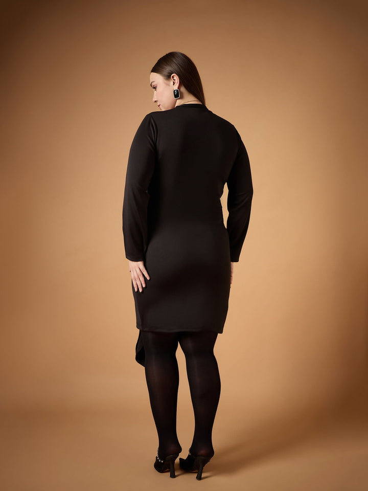 Black Front Knot Detail Short Dress-SASSAFRAS Curve