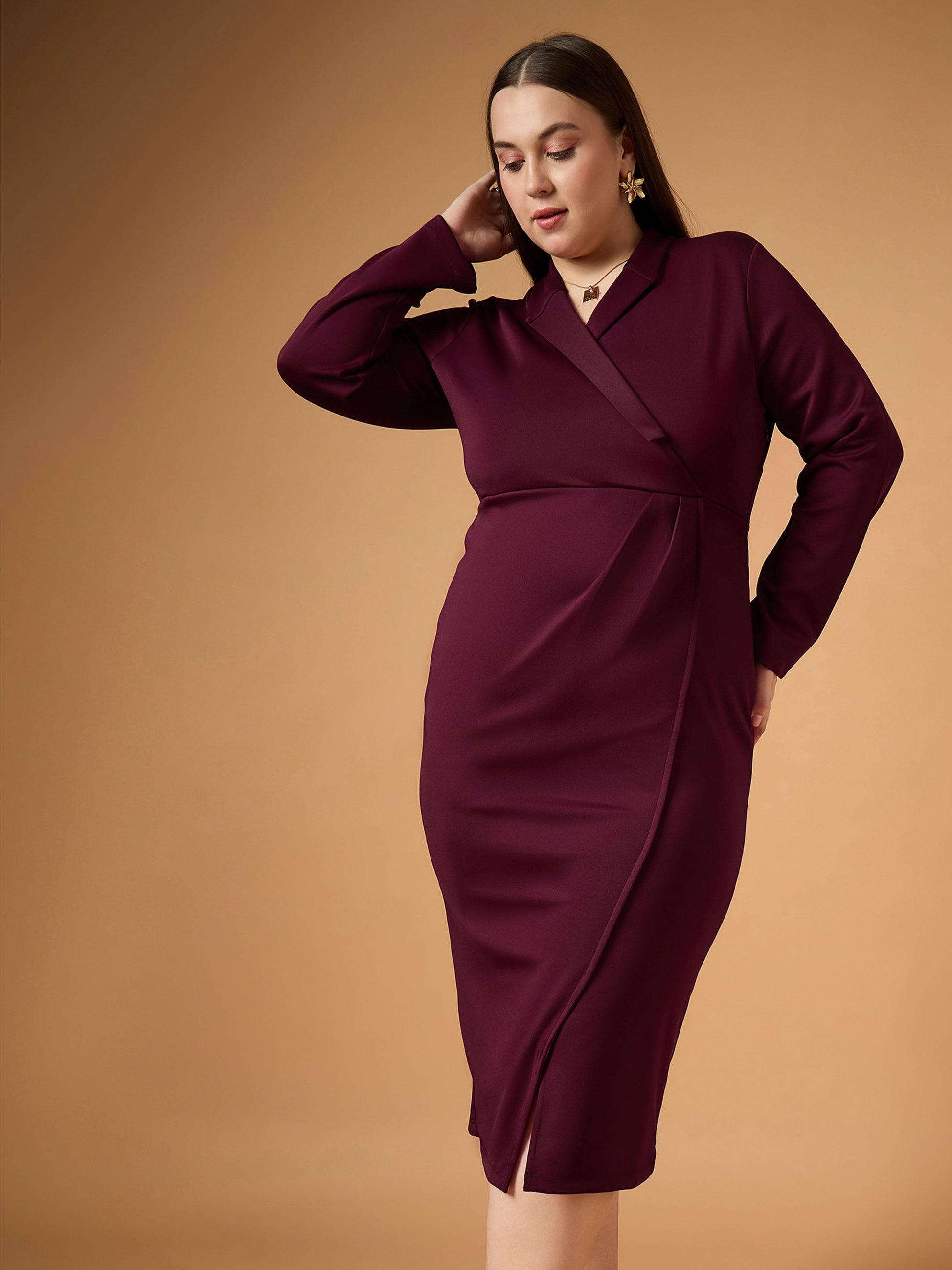 Plus size women's Burgundy Polyester Burgundy Full Sleeves Midi Dress by Sassafras Curve for wholesale buyers, boutiques, resellers and bulk orders