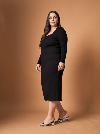 Black Rib Full Sleeves Midi Dress