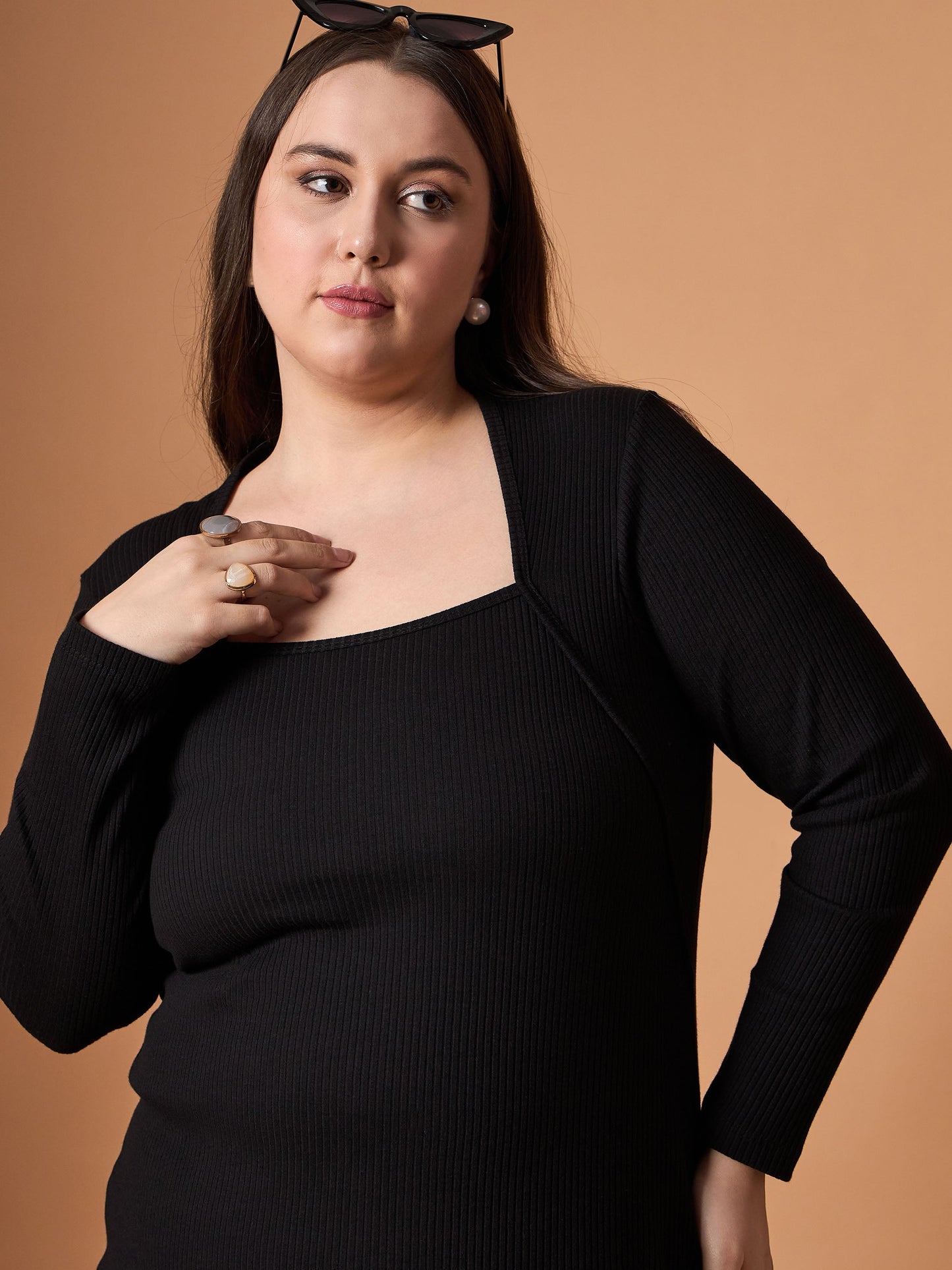 Black Rib Full Sleeves Midi Dress