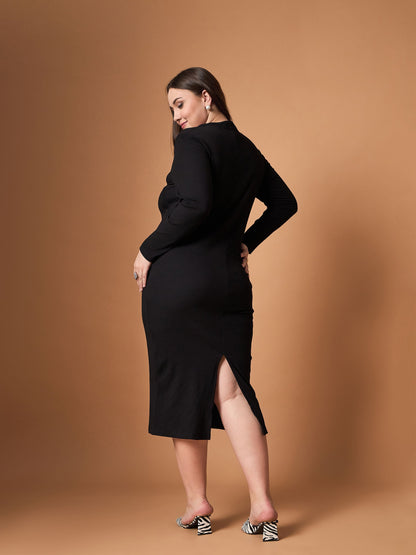 Black Rib Full Sleeves Midi Dress