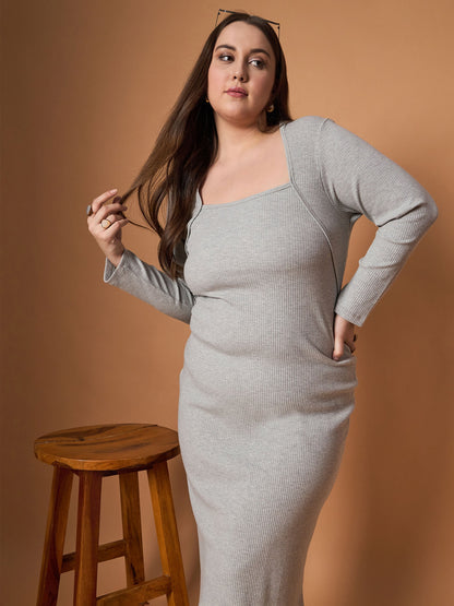 Plus size women's Grey Polycotton Grey Melange Rib Full Sleeves Midi Dress by Sassafras Curve for wholesale buyers, boutiques, resellers and bulk