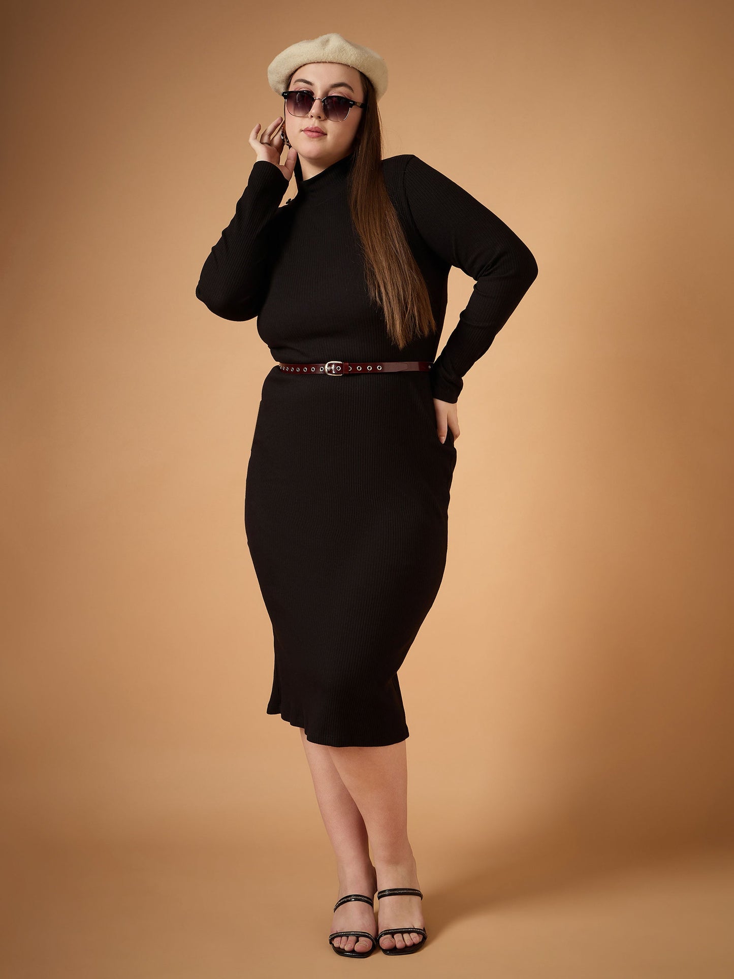 Plus size women's Black Polycotton Black Rib High Neck Midi Dress by Sassafras Curve for wholesale buyers, boutiques, resellers and bulk orders from