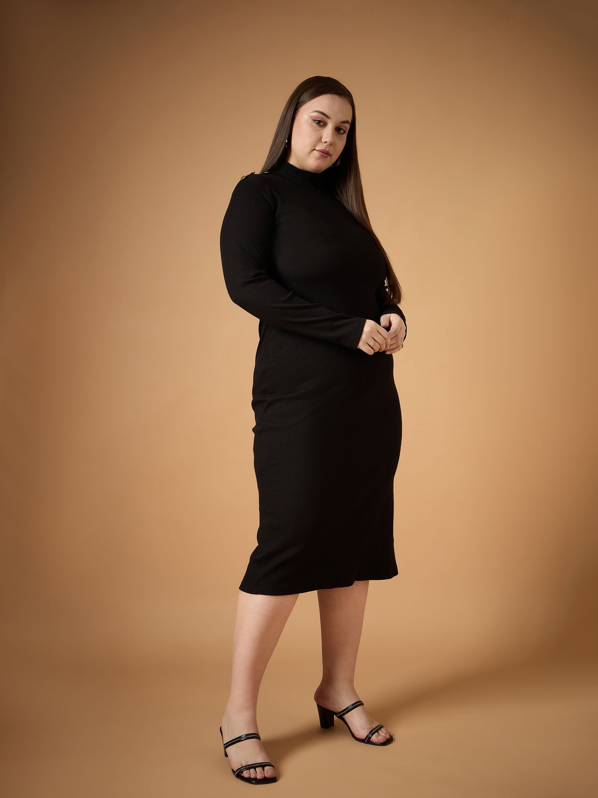 Black Rib High Neck Midi Dress-SASSAFRAS Curve