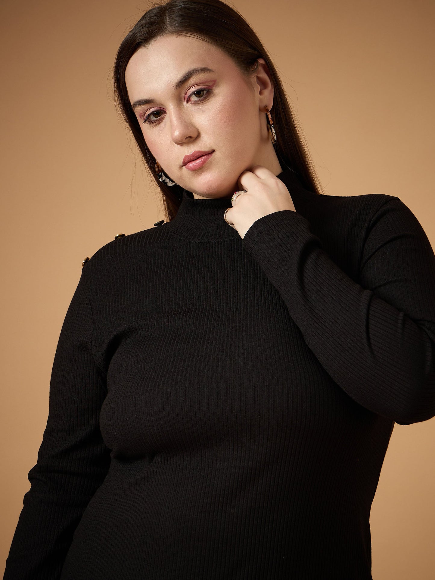 Black Rib High Neck Midi Dress-SASSAFRAS Curve