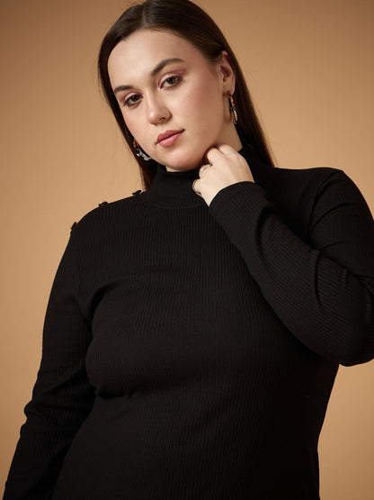 Black Rib High Neck Midi Dress-SASSAFRAS Curve